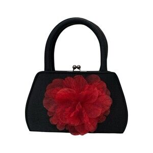 Julie Feldman Black Satin Evening Bag Red Floral Kiss Lock Chain Strap